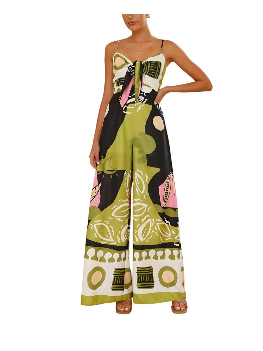 OLOEY Jumpsuit Tie-Front Wide-Leg Printed Jumpsuit in Olive & Black